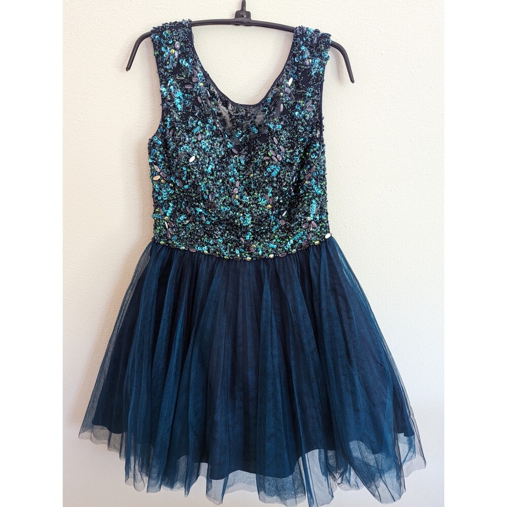 Jovani Cocktail Dress Blue Green Sequins Prom Formal Dress Ballet Style - Size 6